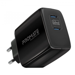 Promate 65W USB-C Power Delivery GaN Charger, Universal Powerful GaN Tech Fast Charger with 2 Type-C Port, Adaptive Charging and Over-Charging Protection for USB-C Powered Devices, POWERPORT-65.EU-BK
